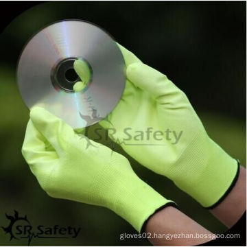 SRSAFETY yellow color pu gloves/pu coated/Hi-viz yellow nylon garden glove/pu gloves